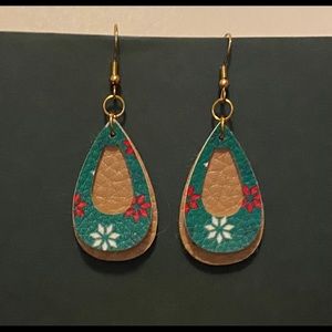 Handmade Faux Leather Earrings- Gold, Red & Green